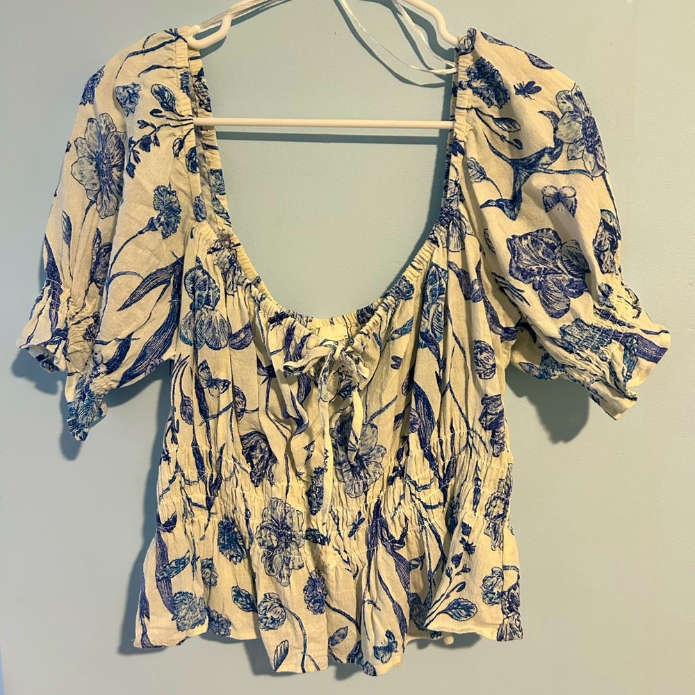 H&M Cream and Blue Floral Blouse